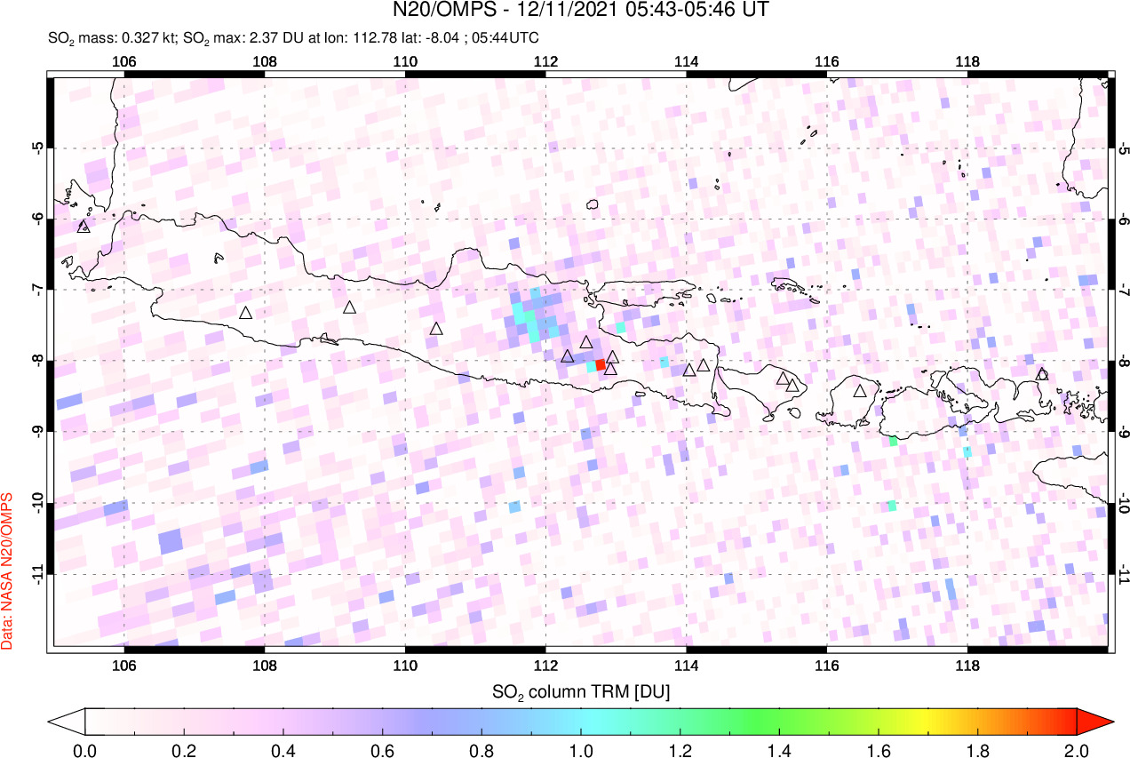 A sulfur dioxide image over Java, Indonesia on Dec 11, 2021.