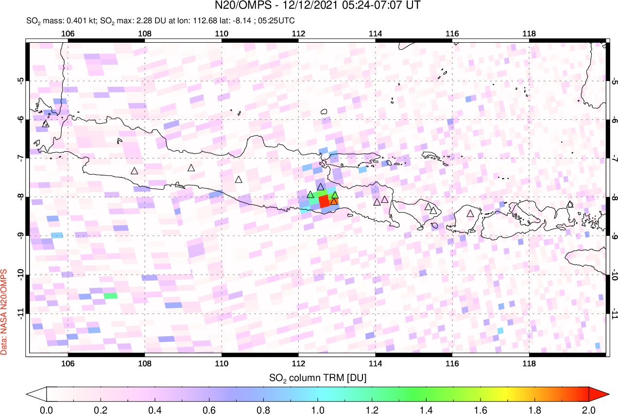 A sulfur dioxide image over Java, Indonesia on Dec 12, 2021.