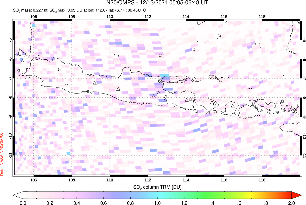 A sulfur dioxide image over Java, Indonesia on Dec 13, 2021.