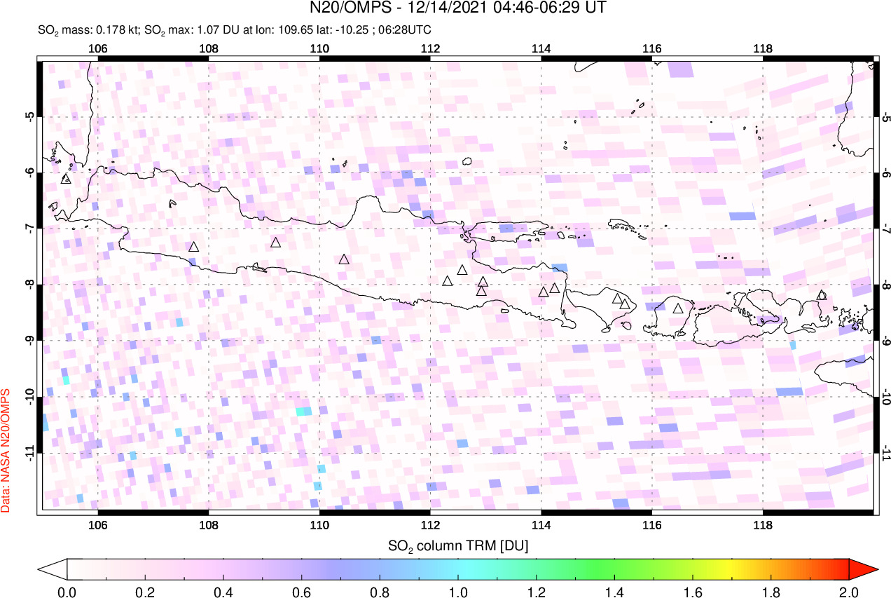 A sulfur dioxide image over Java, Indonesia on Dec 14, 2021.