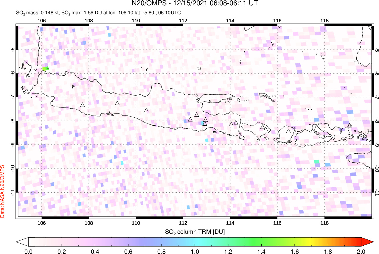 A sulfur dioxide image over Java, Indonesia on Dec 15, 2021.
