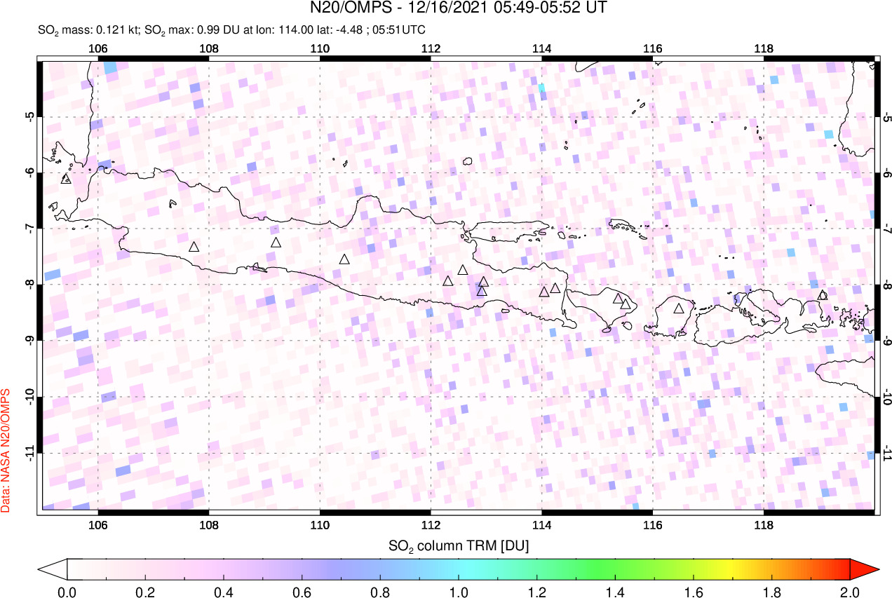 A sulfur dioxide image over Java, Indonesia on Dec 16, 2021.