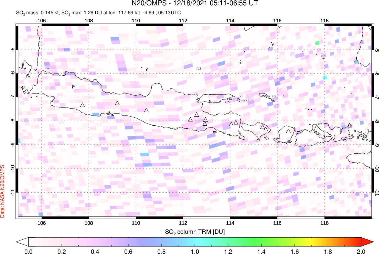 A sulfur dioxide image over Java, Indonesia on Dec 18, 2021.