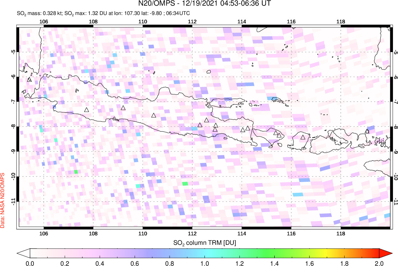 A sulfur dioxide image over Java, Indonesia on Dec 19, 2021.