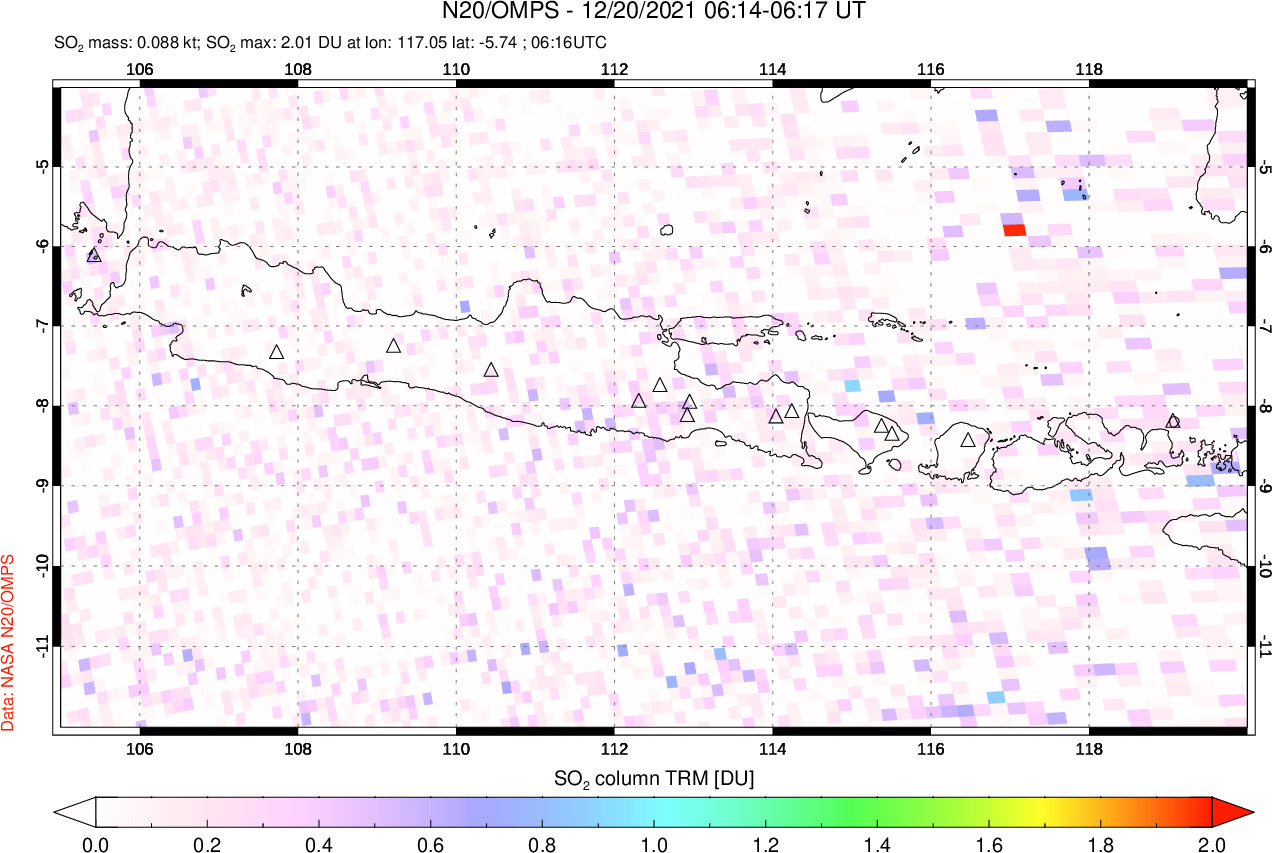 A sulfur dioxide image over Java, Indonesia on Dec 20, 2021.