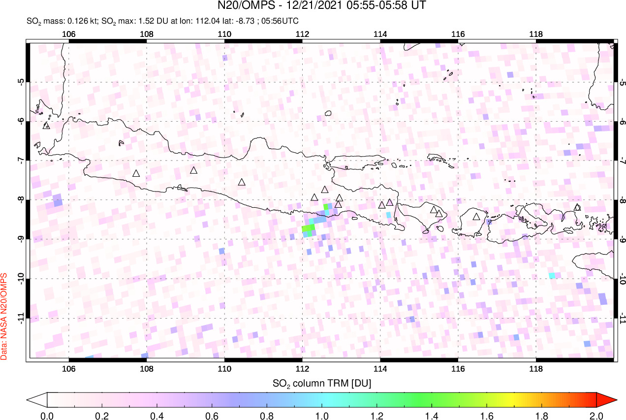 A sulfur dioxide image over Java, Indonesia on Dec 21, 2021.