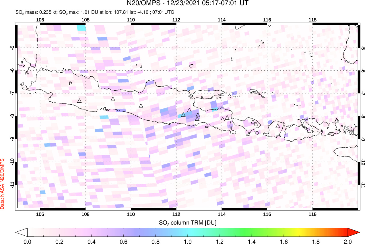 A sulfur dioxide image over Java, Indonesia on Dec 23, 2021.