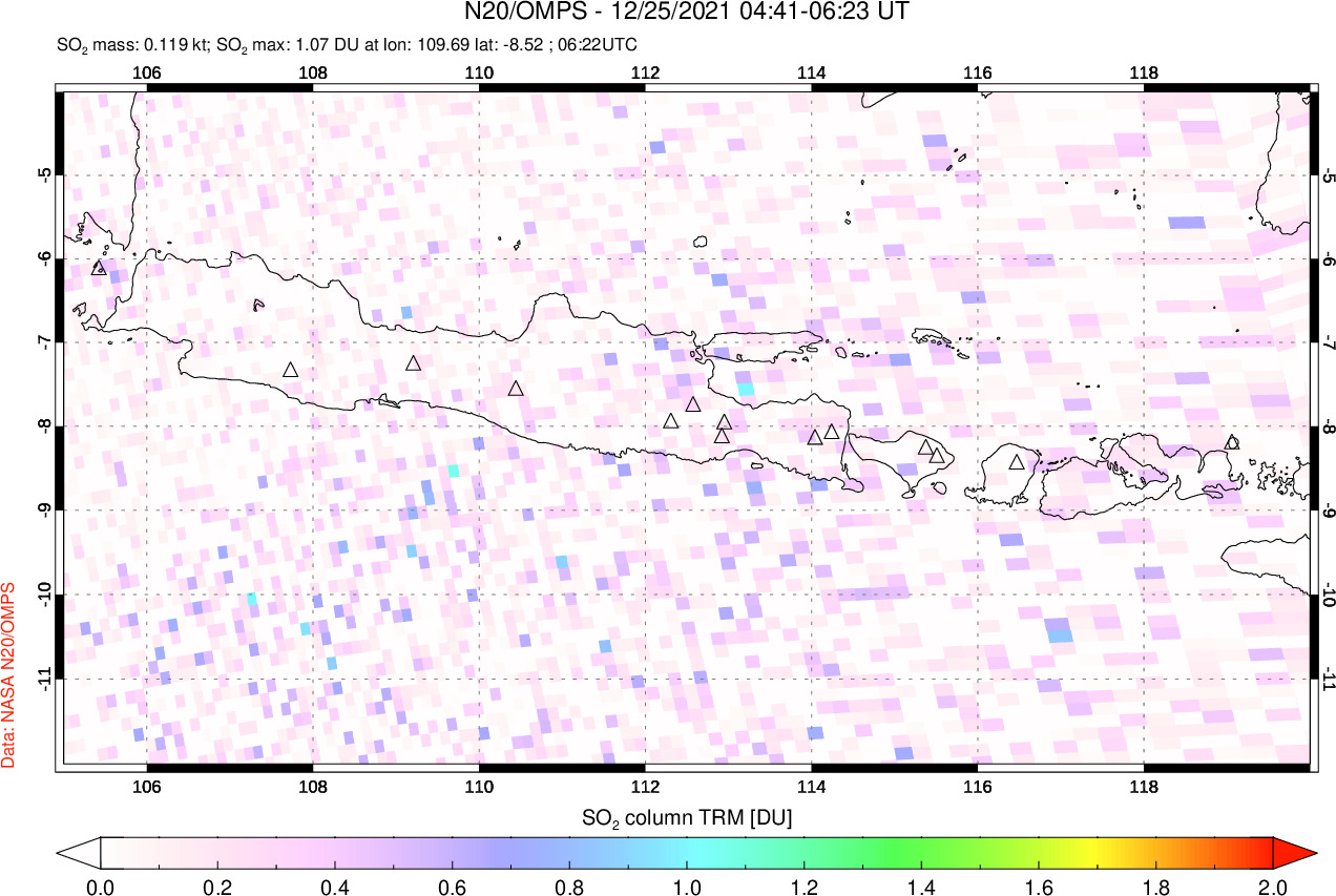 A sulfur dioxide image over Java, Indonesia on Dec 25, 2021.