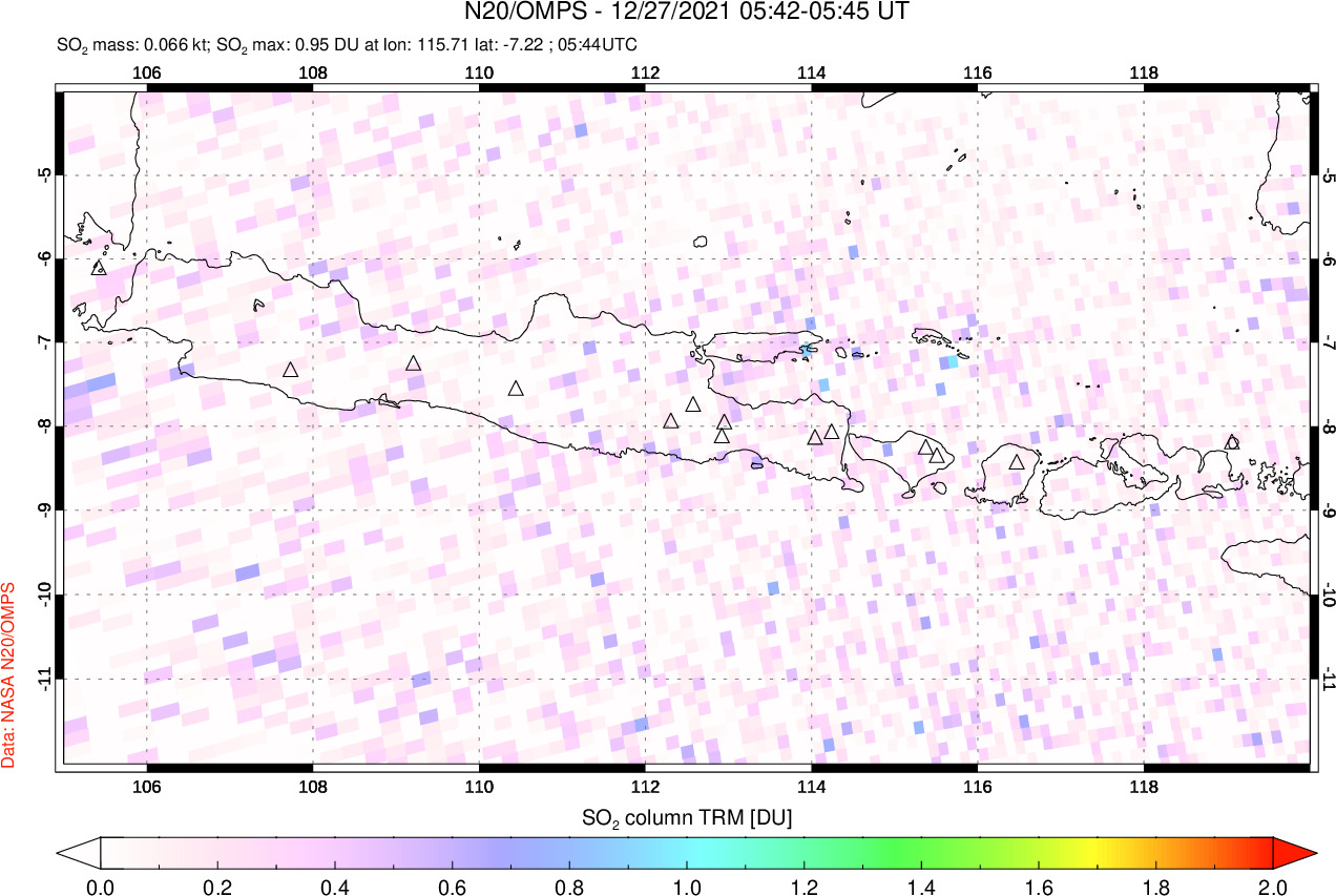 A sulfur dioxide image over Java, Indonesia on Dec 27, 2021.