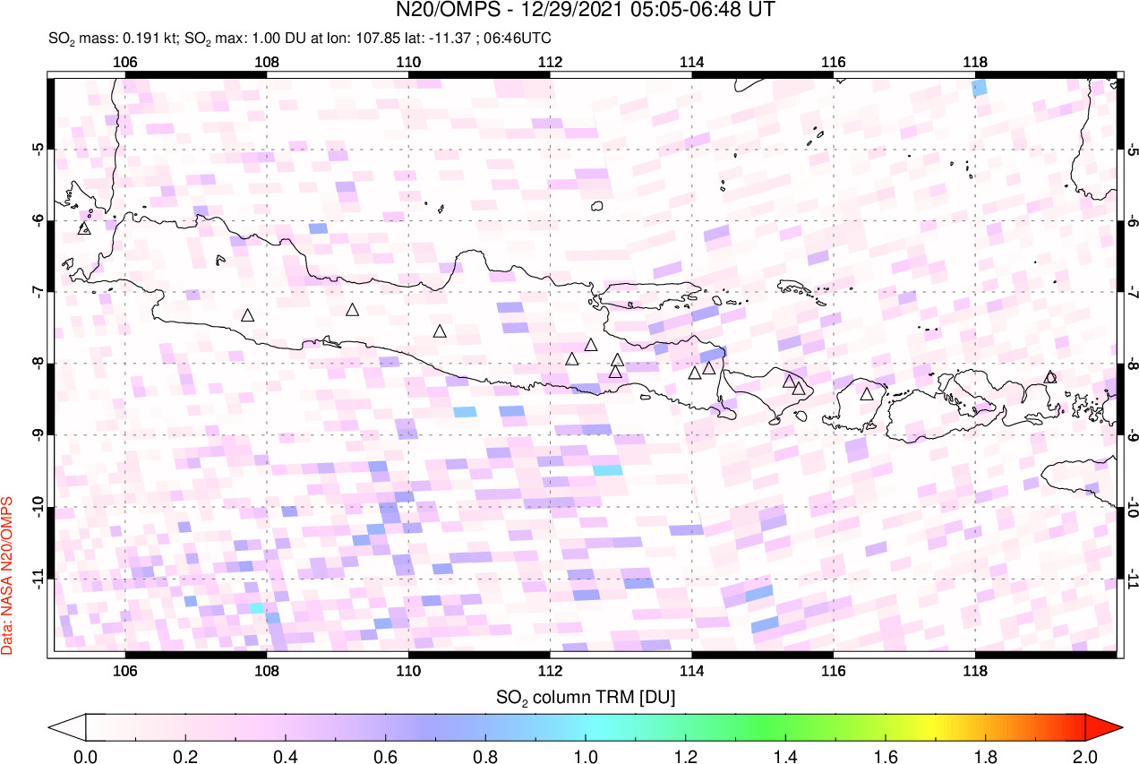 A sulfur dioxide image over Java, Indonesia on Dec 29, 2021.
