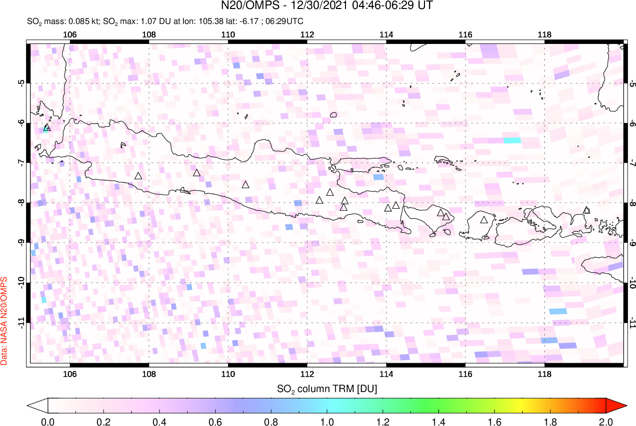 A sulfur dioxide image over Java, Indonesia on Dec 30, 2021.
