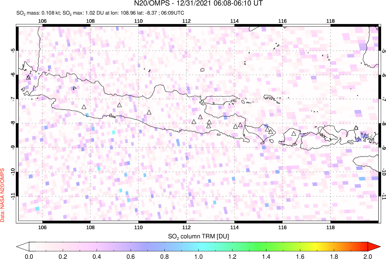 A sulfur dioxide image over Java, Indonesia on Dec 31, 2021.
