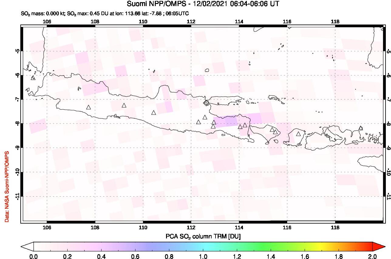 A sulfur dioxide image over Java, Indonesia on Dec 02, 2021.
