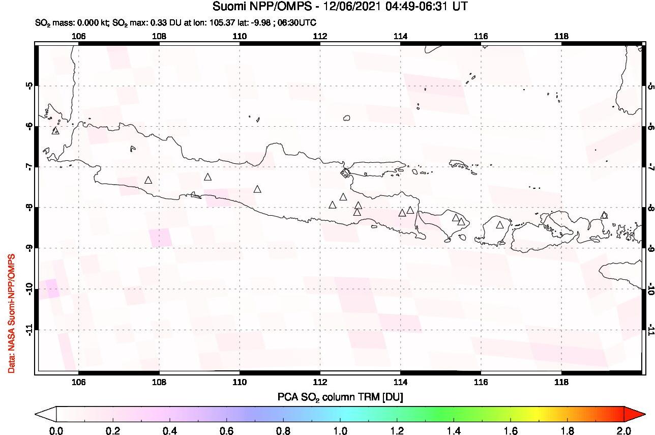 A sulfur dioxide image over Java, Indonesia on Dec 06, 2021.