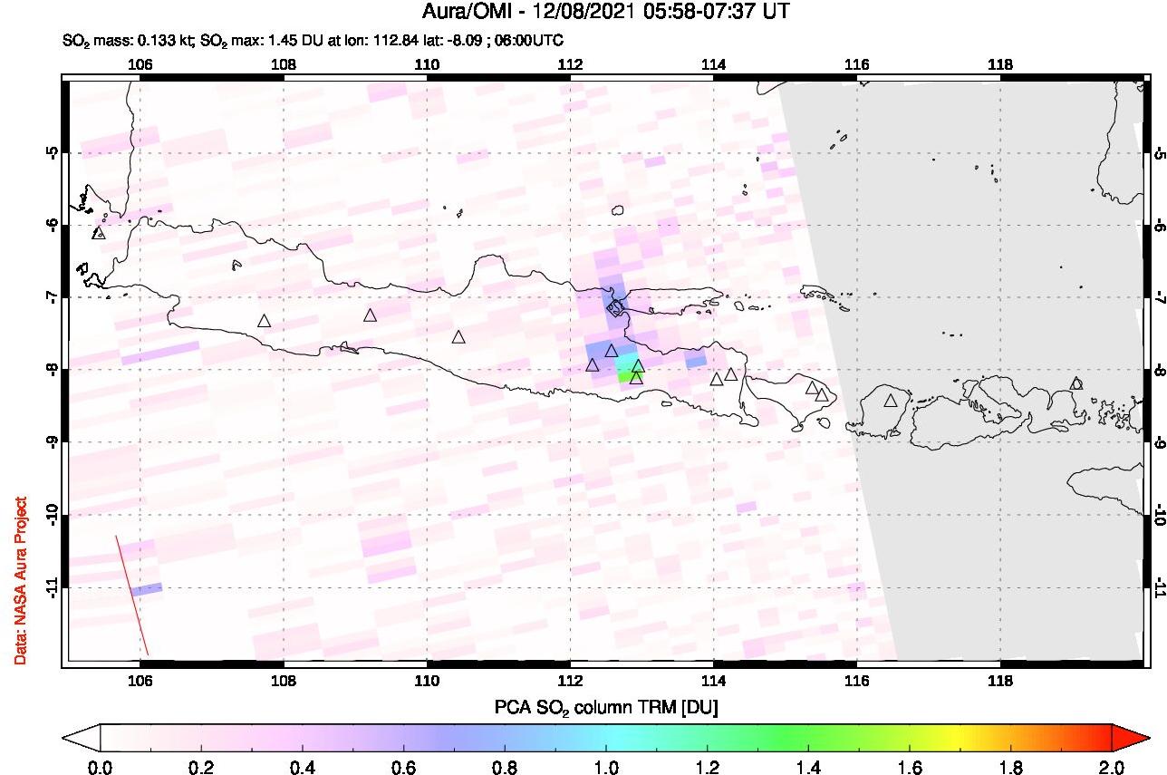 A sulfur dioxide image over Java, Indonesia on Dec 08, 2021.