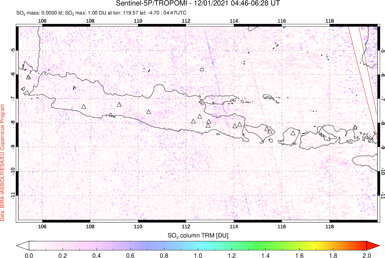 A sulfur dioxide image over Java, Indonesia on Dec 01, 2021.