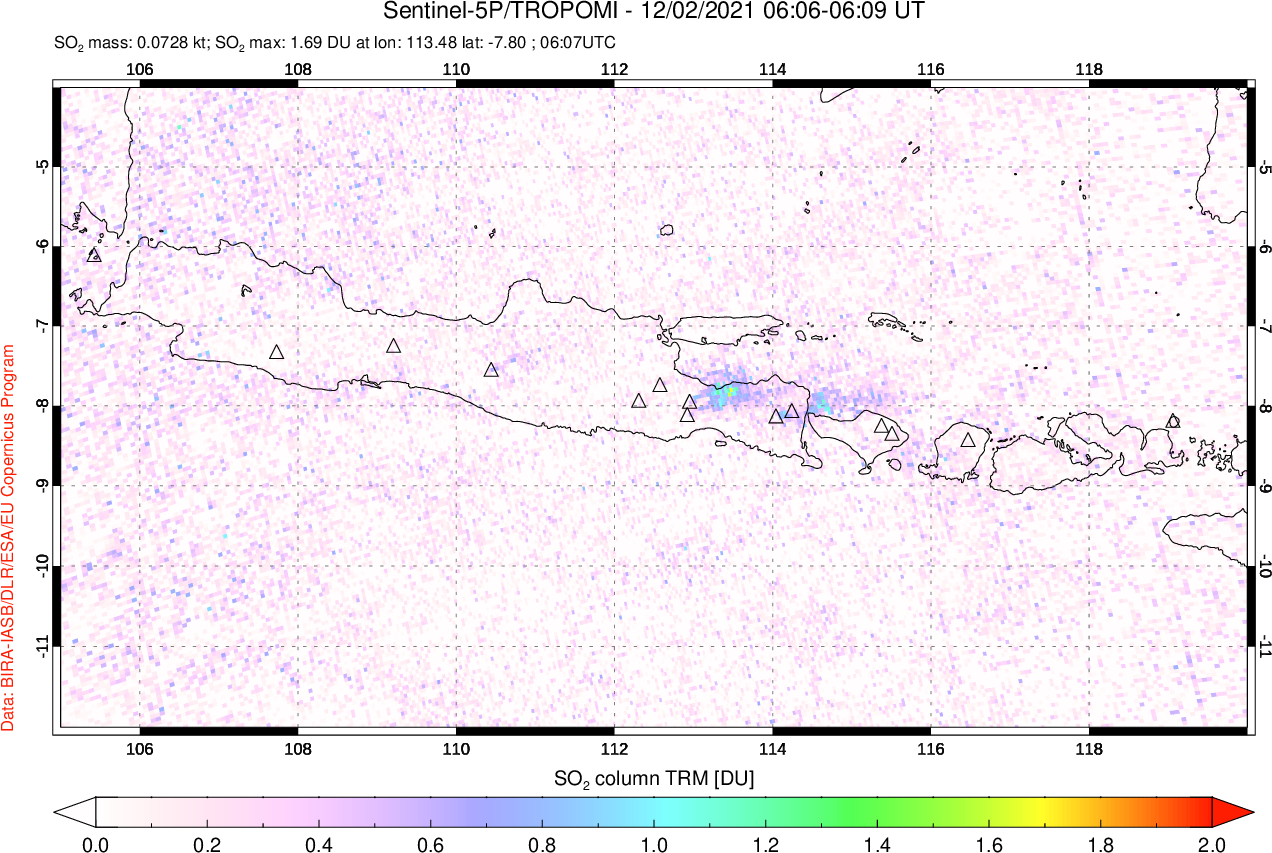 A sulfur dioxide image over Java, Indonesia on Dec 02, 2021.