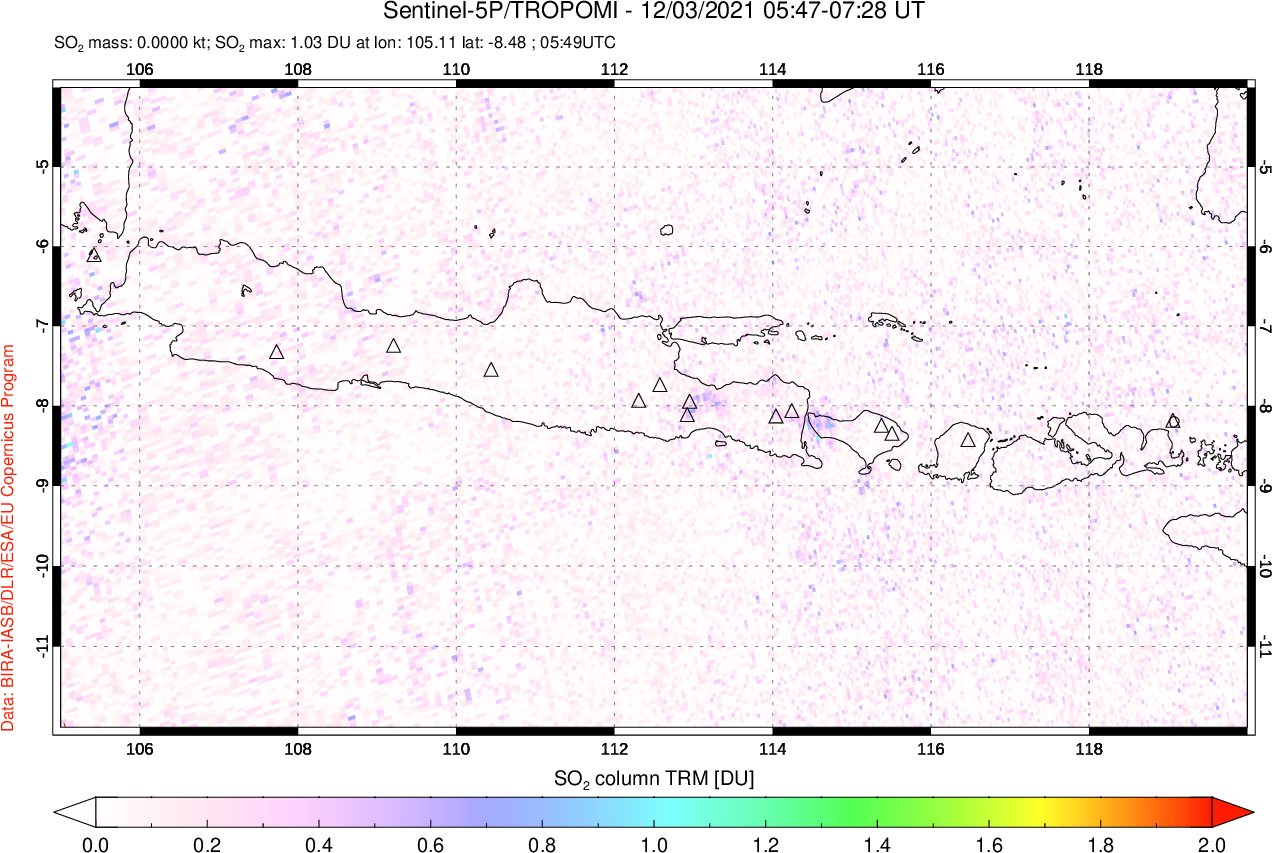 A sulfur dioxide image over Java, Indonesia on Dec 03, 2021.