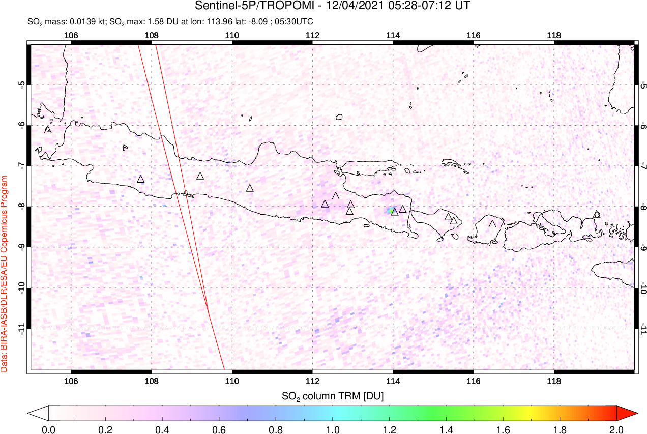 A sulfur dioxide image over Java, Indonesia on Dec 04, 2021.