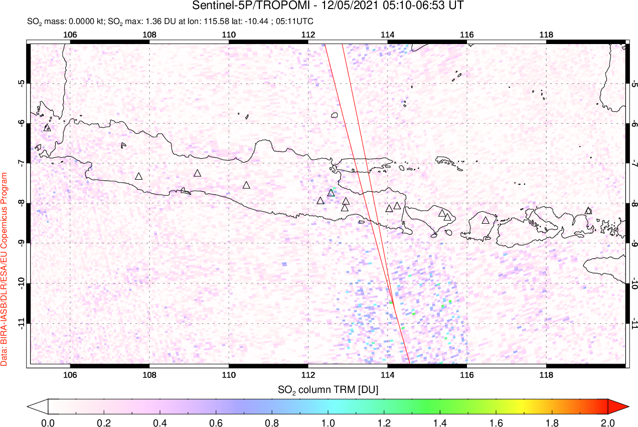 A sulfur dioxide image over Java, Indonesia on Dec 05, 2021.