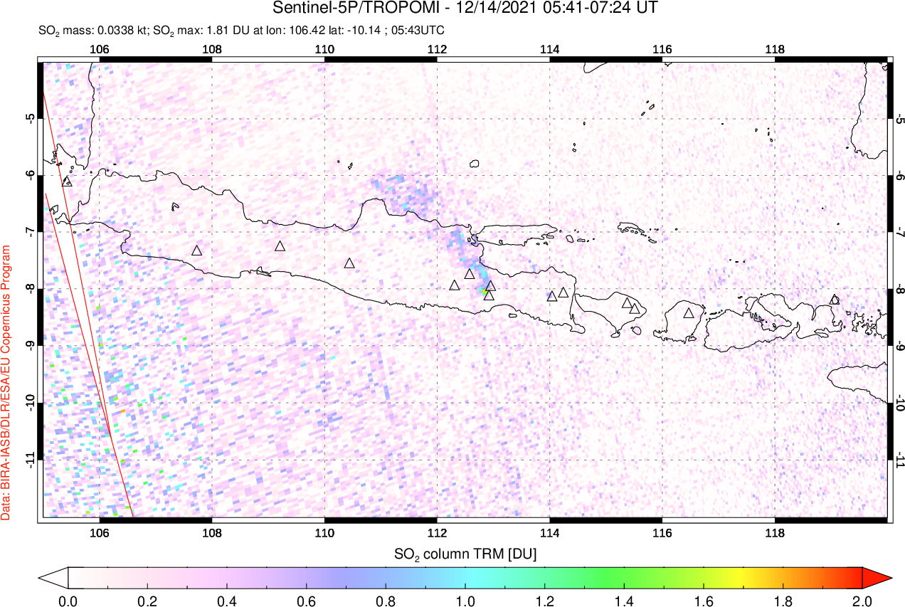 A sulfur dioxide image over Java, Indonesia on Dec 14, 2021.