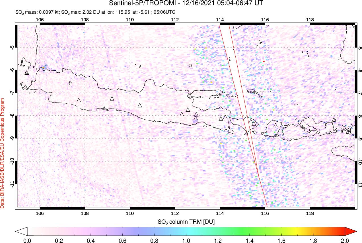 A sulfur dioxide image over Java, Indonesia on Dec 16, 2021.