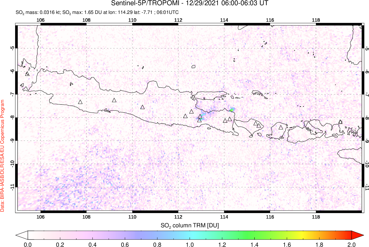 A sulfur dioxide image over Java, Indonesia on Dec 29, 2021.