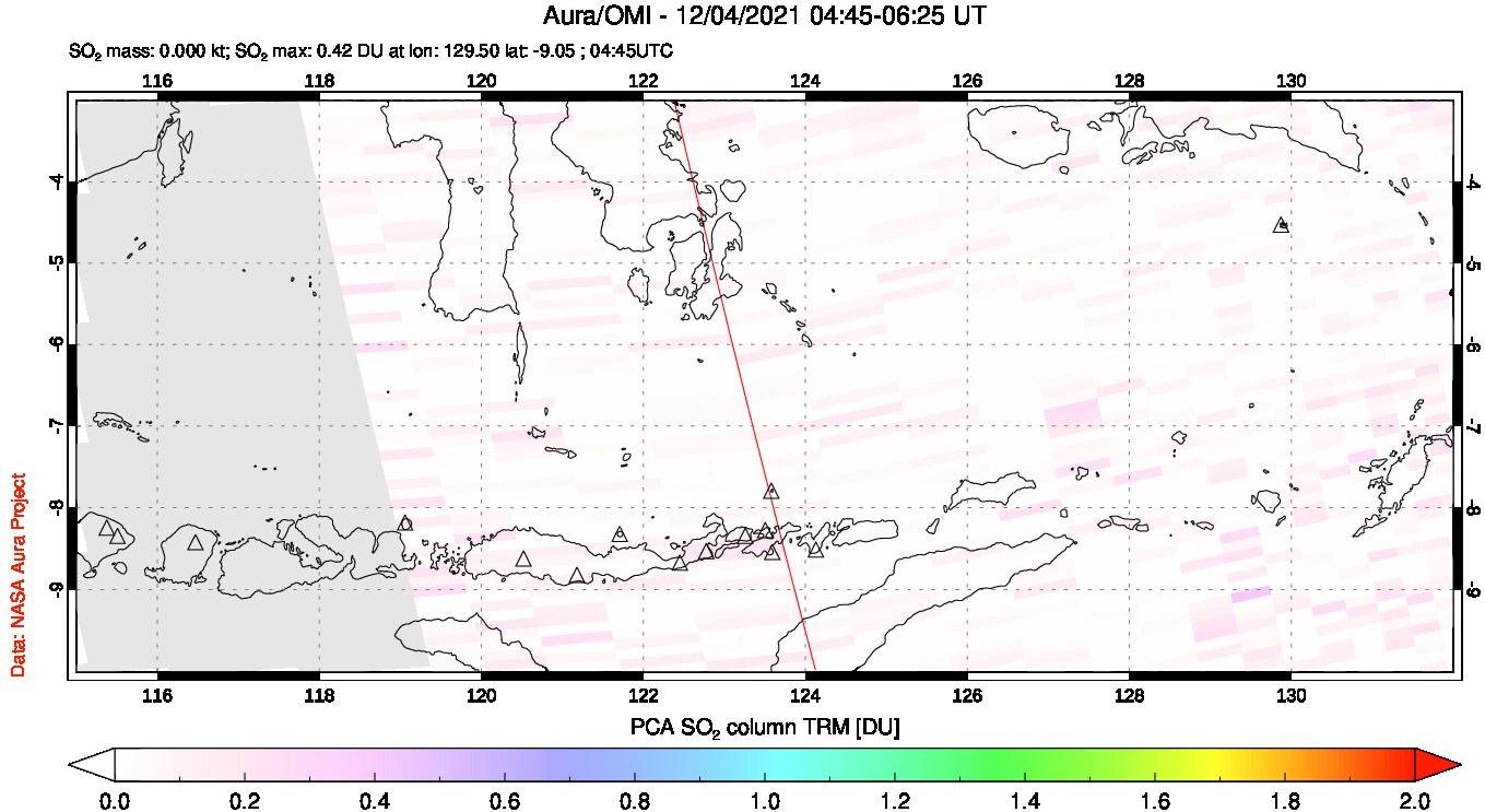 A sulfur dioxide image over Lesser Sunda Islands, Indonesia on Dec 04, 2021.