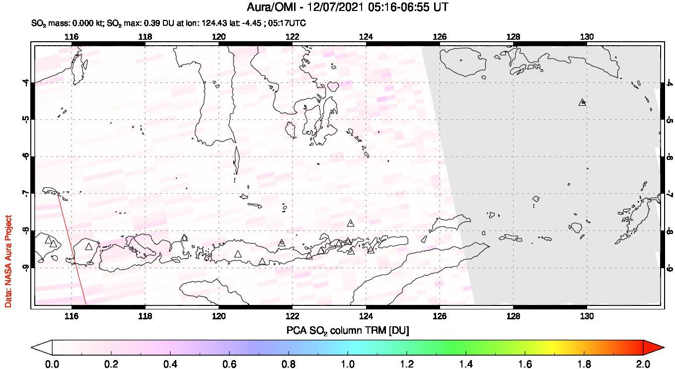 A sulfur dioxide image over Lesser Sunda Islands, Indonesia on Dec 07, 2021.