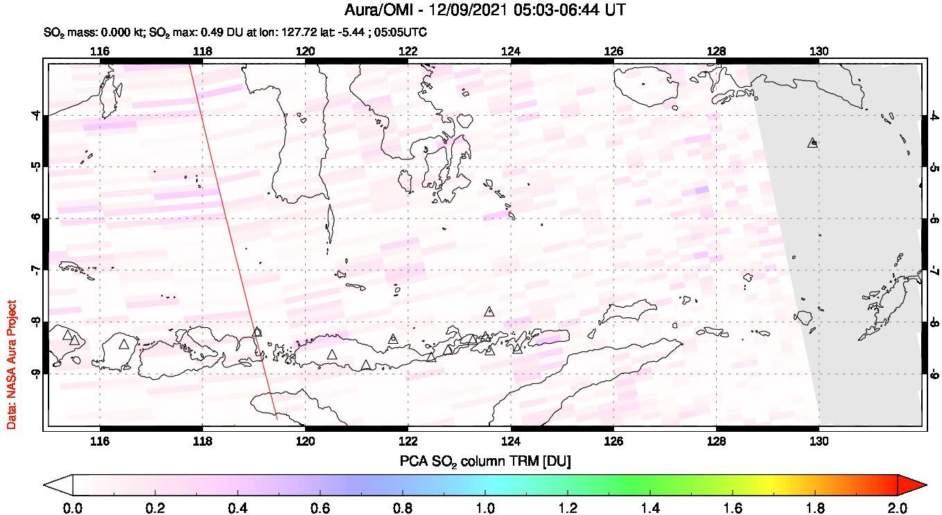 A sulfur dioxide image over Lesser Sunda Islands, Indonesia on Dec 09, 2021.