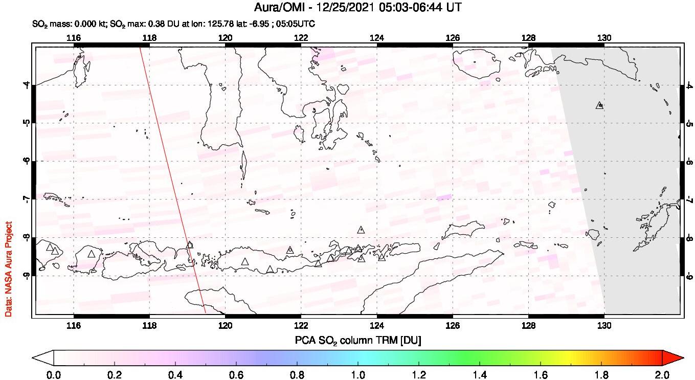 A sulfur dioxide image over Lesser Sunda Islands, Indonesia on Dec 25, 2021.