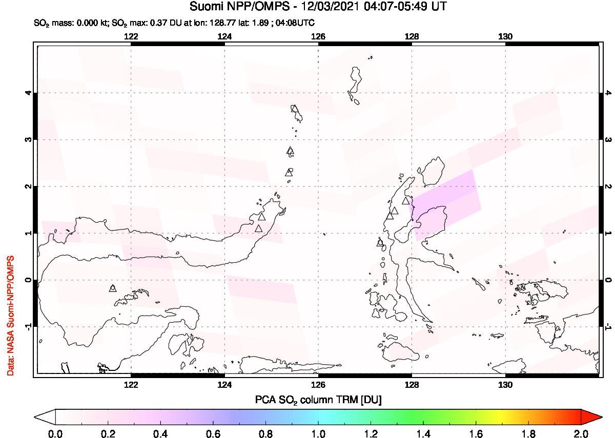 A sulfur dioxide image over Northern Sulawesi & Halmahera, Indonesia on Dec 03, 2021.