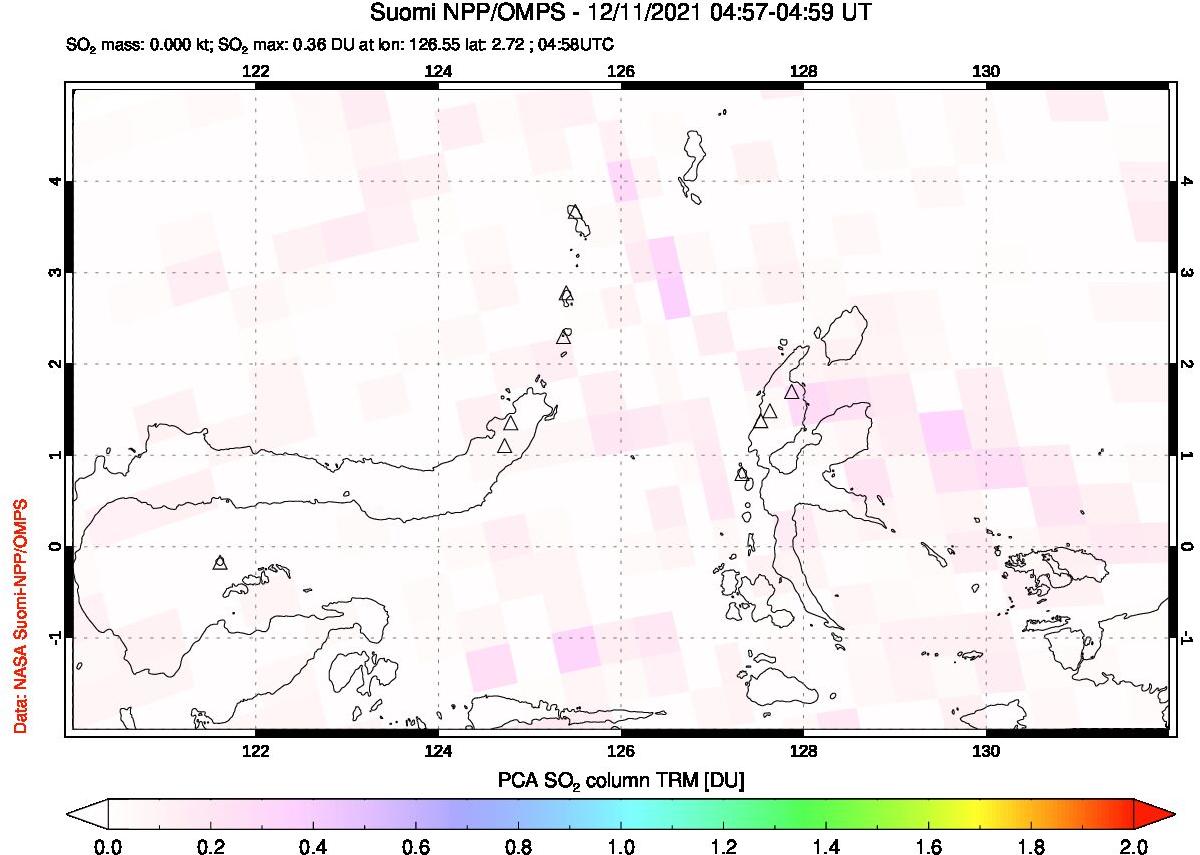 A sulfur dioxide image over Northern Sulawesi & Halmahera, Indonesia on Dec 11, 2021.