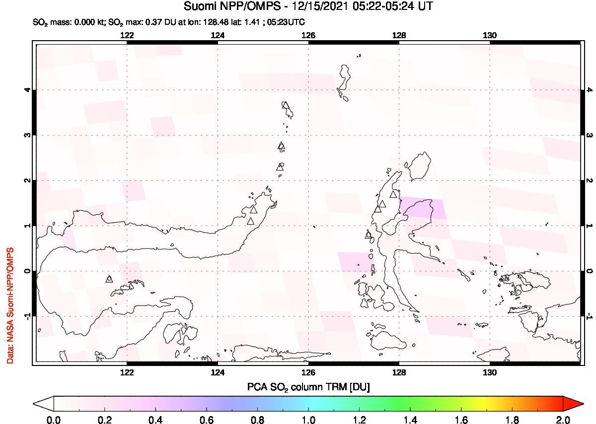 A sulfur dioxide image over Northern Sulawesi & Halmahera, Indonesia on Dec 15, 2021.