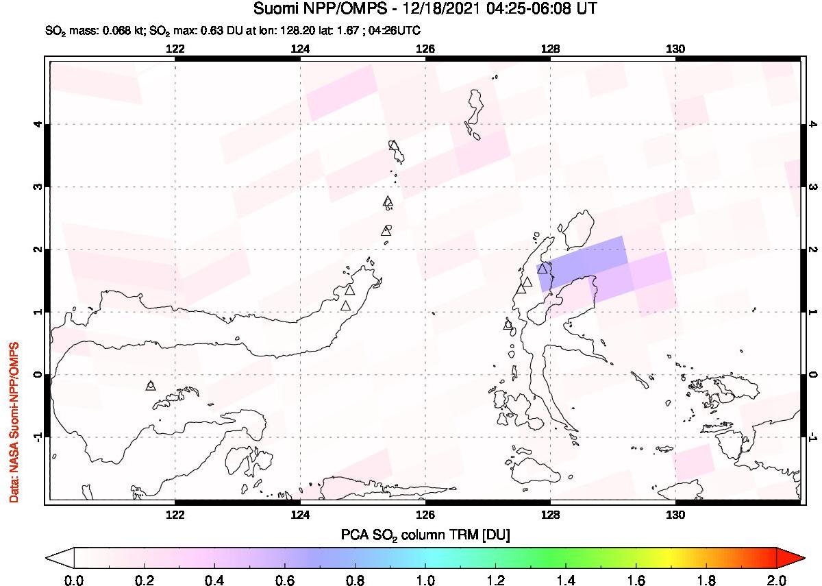 A sulfur dioxide image over Northern Sulawesi & Halmahera, Indonesia on Dec 18, 2021.