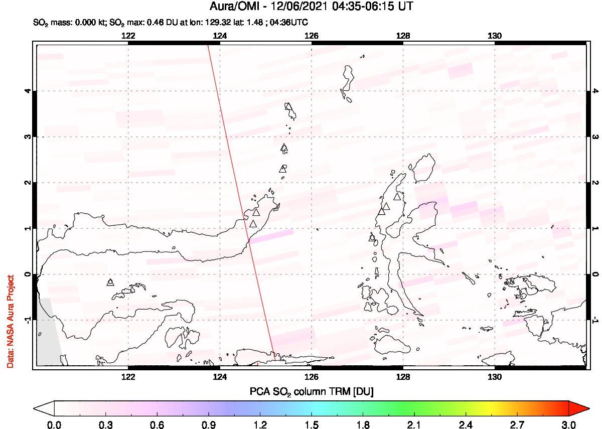 A sulfur dioxide image over Northern Sulawesi & Halmahera, Indonesia on Dec 06, 2021.