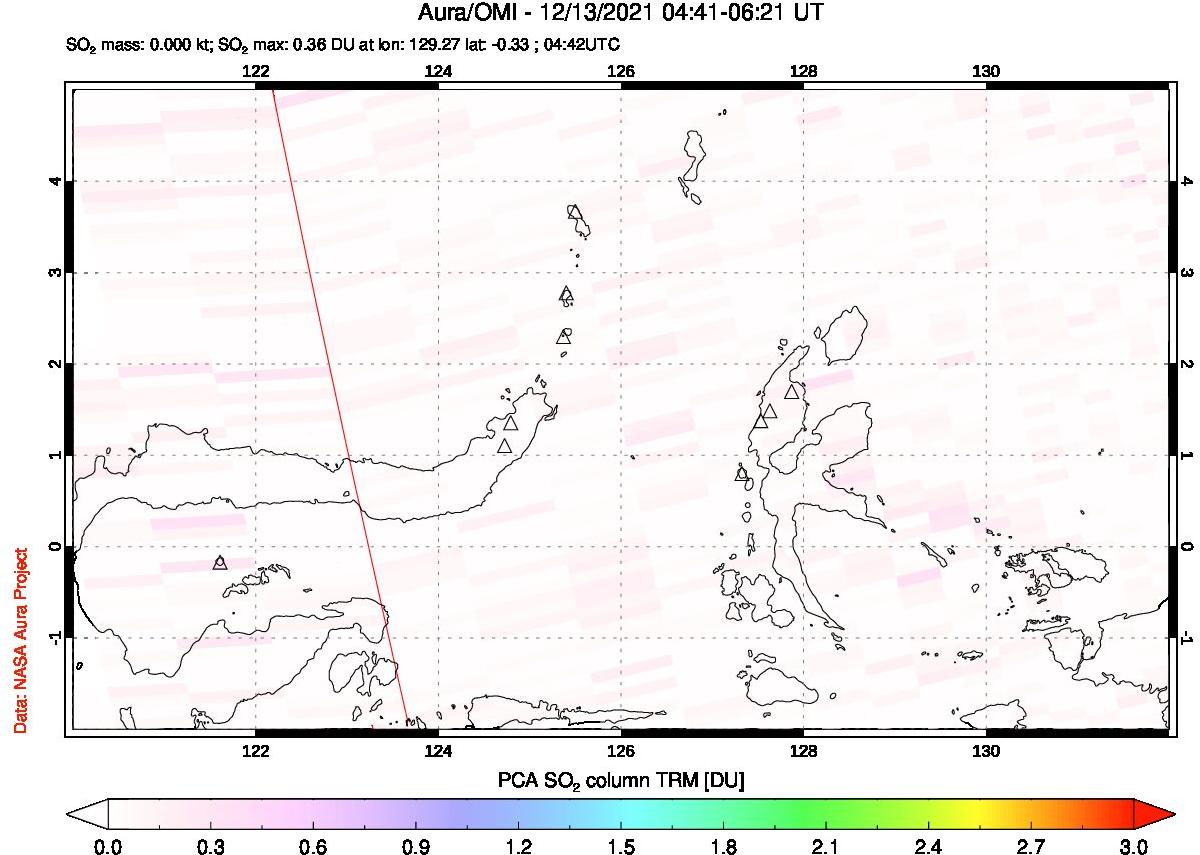 A sulfur dioxide image over Northern Sulawesi & Halmahera, Indonesia on Dec 13, 2021.