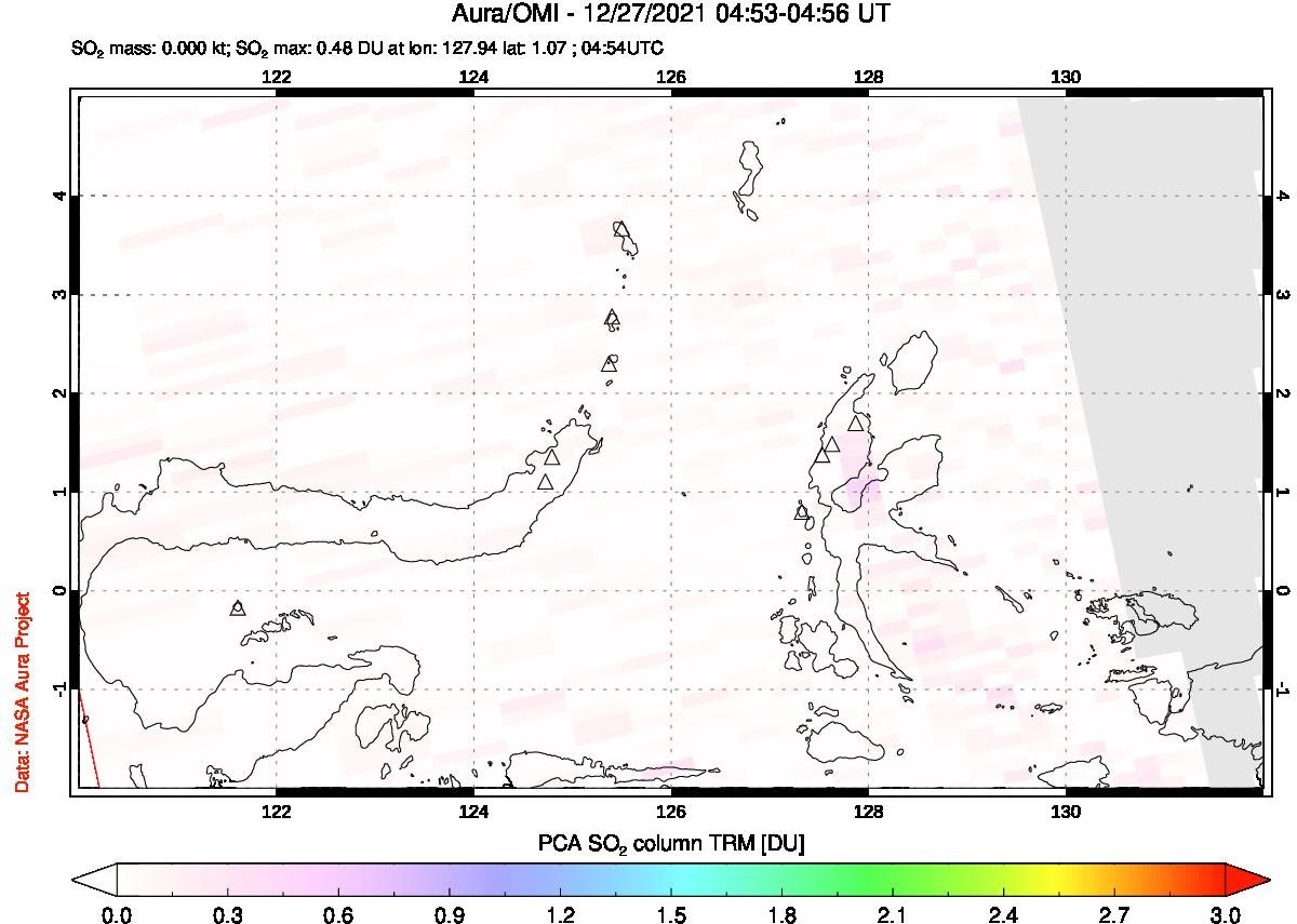 A sulfur dioxide image over Northern Sulawesi & Halmahera, Indonesia on Dec 27, 2021.