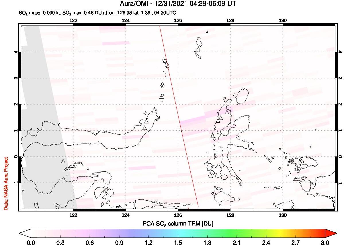 A sulfur dioxide image over Northern Sulawesi & Halmahera, Indonesia on Dec 31, 2021.