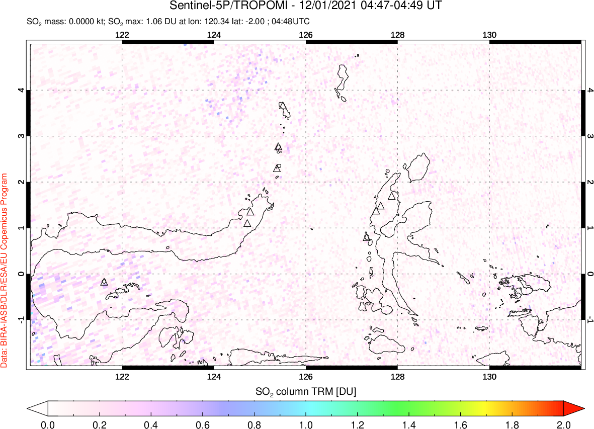 A sulfur dioxide image over Northern Sulawesi & Halmahera, Indonesia on Dec 01, 2021.