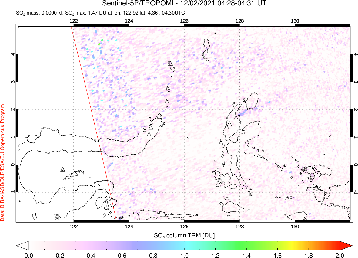 A sulfur dioxide image over Northern Sulawesi & Halmahera, Indonesia on Dec 02, 2021.