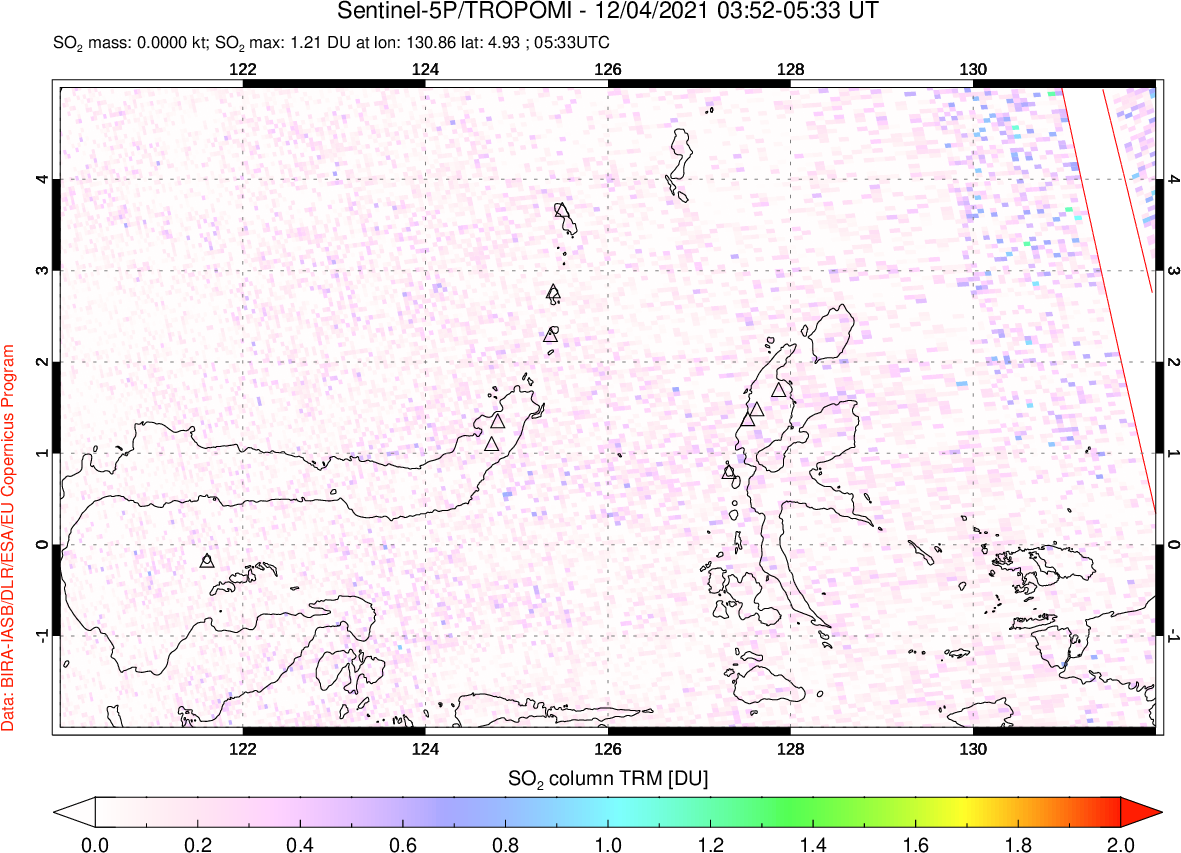A sulfur dioxide image over Northern Sulawesi & Halmahera, Indonesia on Dec 04, 2021.