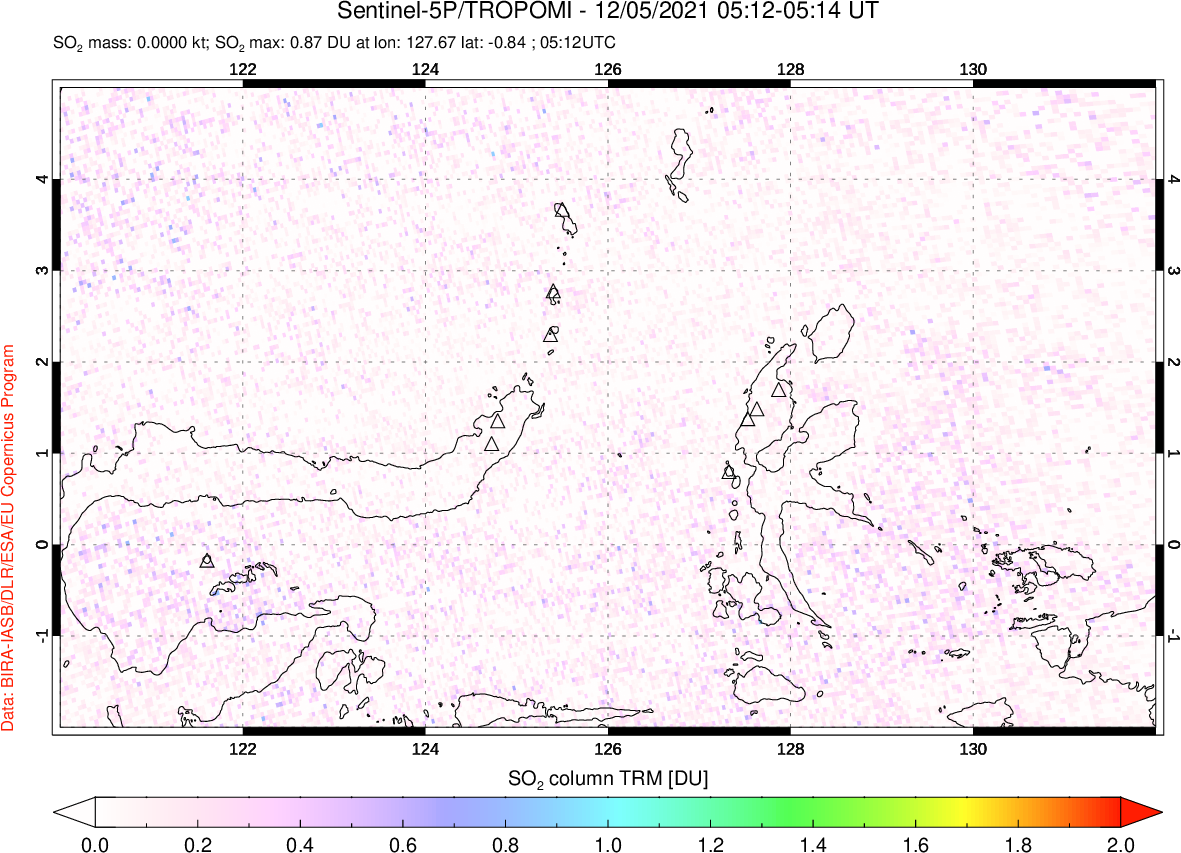 A sulfur dioxide image over Northern Sulawesi & Halmahera, Indonesia on Dec 05, 2021.