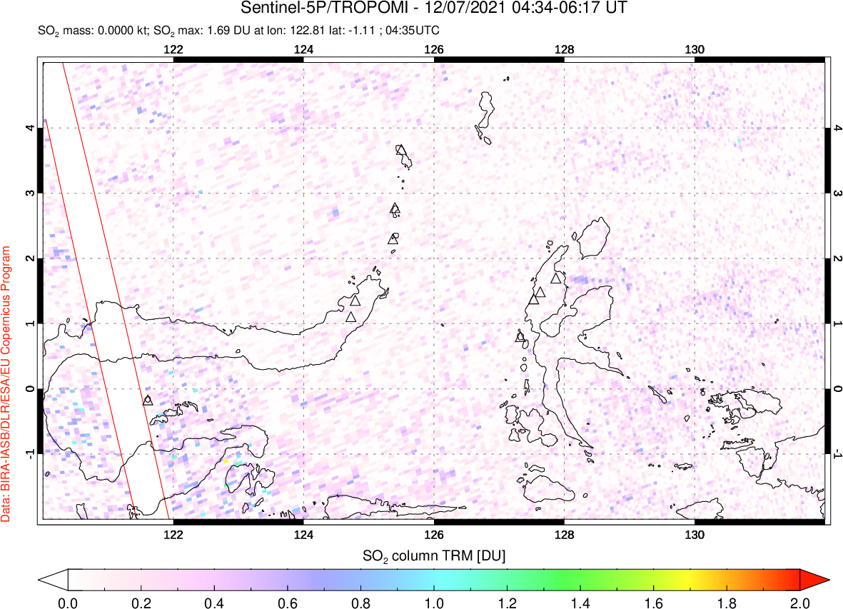 A sulfur dioxide image over Northern Sulawesi & Halmahera, Indonesia on Dec 07, 2021.