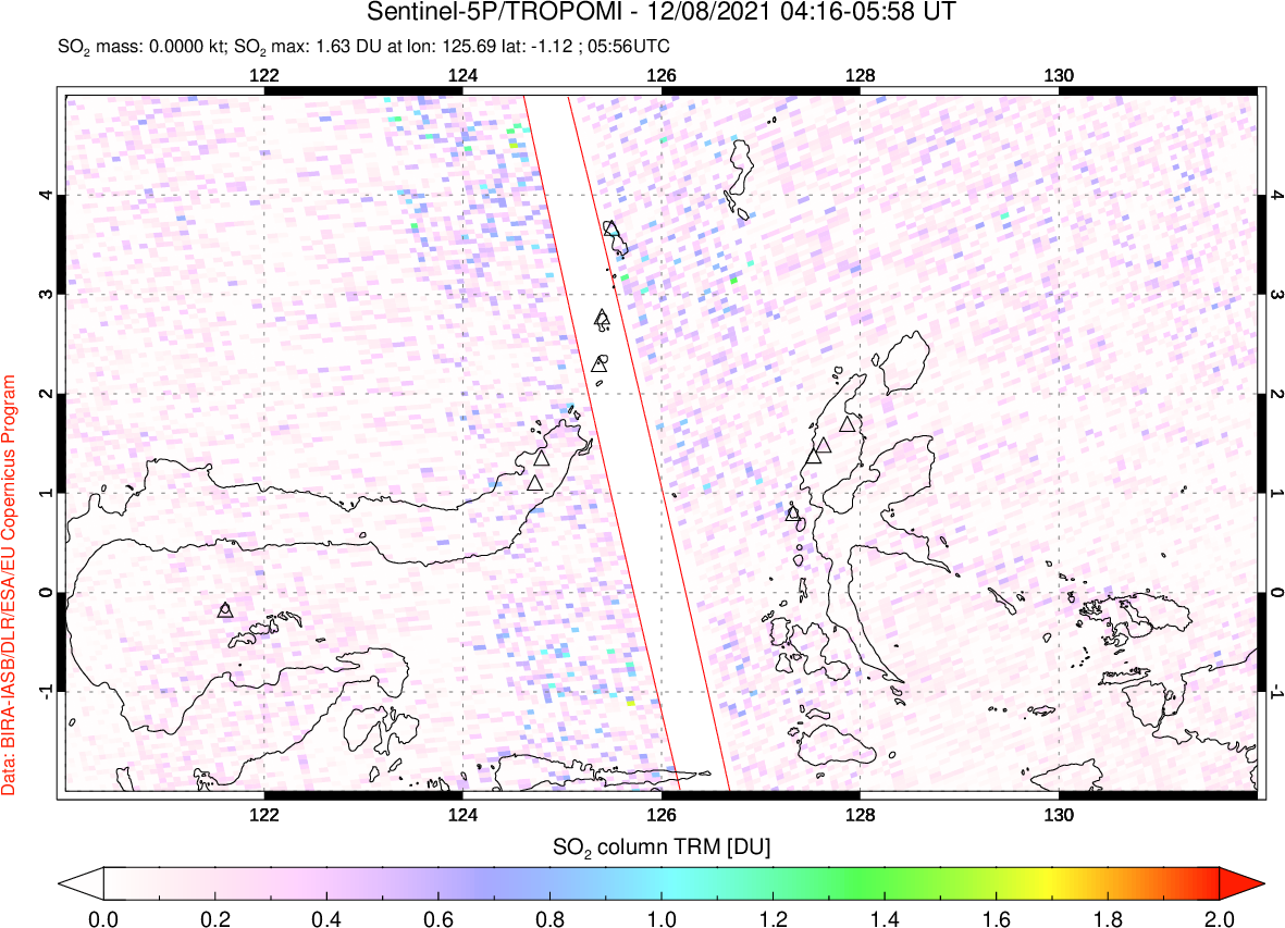 A sulfur dioxide image over Northern Sulawesi & Halmahera, Indonesia on Dec 08, 2021.