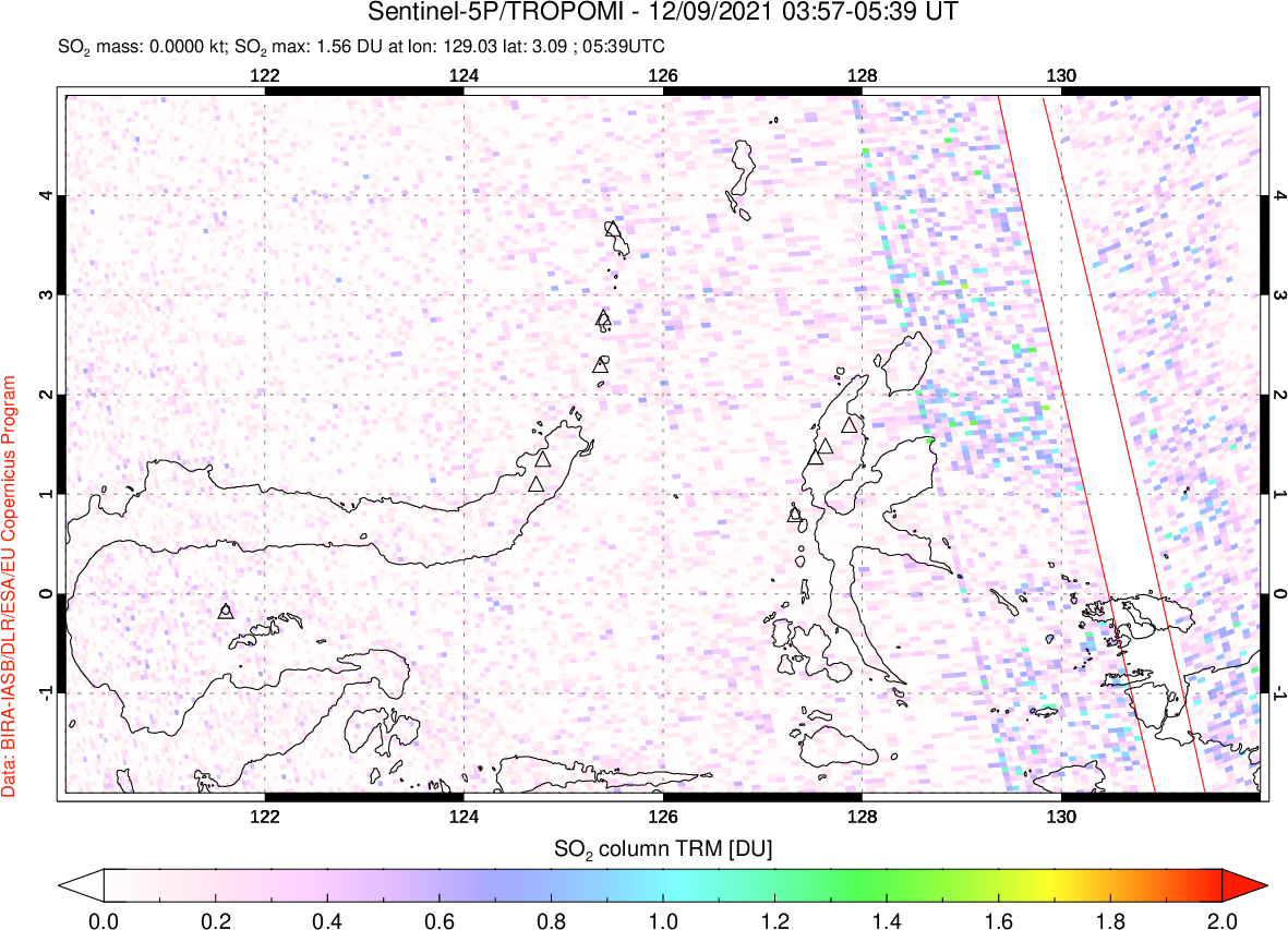 A sulfur dioxide image over Northern Sulawesi & Halmahera, Indonesia on Dec 09, 2021.