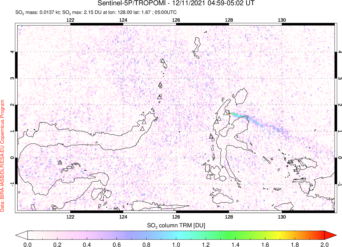 A sulfur dioxide image over Northern Sulawesi & Halmahera, Indonesia on Dec 11, 2021.