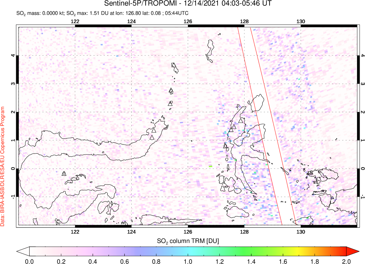 A sulfur dioxide image over Northern Sulawesi & Halmahera, Indonesia on Dec 14, 2021.