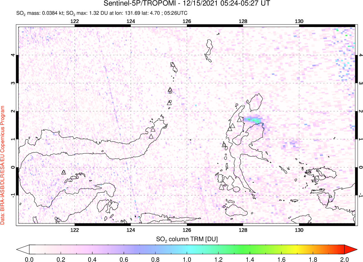 A sulfur dioxide image over Northern Sulawesi & Halmahera, Indonesia on Dec 15, 2021.
