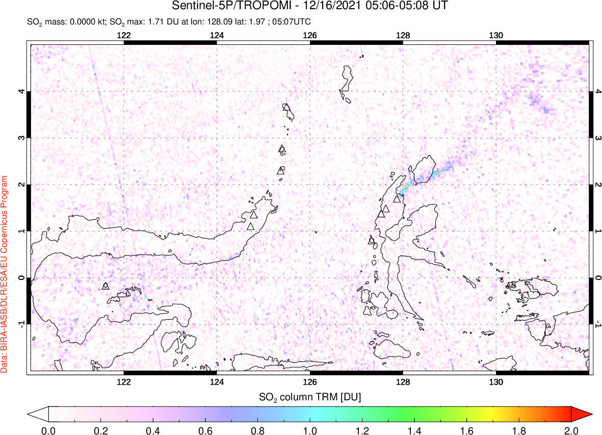 A sulfur dioxide image over Northern Sulawesi & Halmahera, Indonesia on Dec 16, 2021.